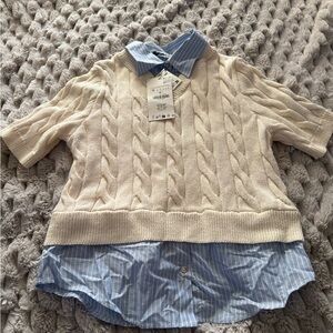 Zara Cream Cable-Knit Layered Top with Blue Striped Shirt Hem